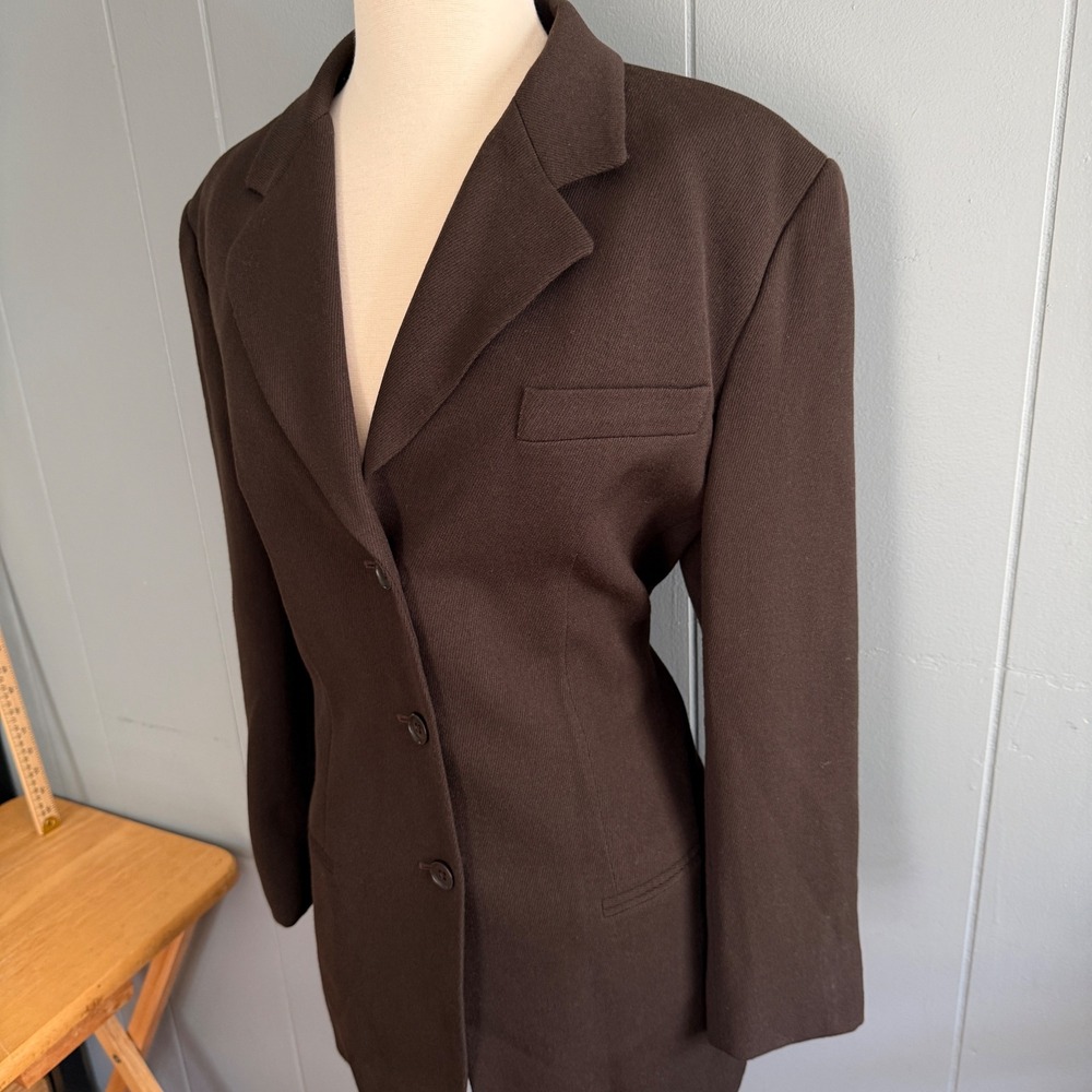 AKA Eddie Bauer Womens 12 Chocolate Brown 100% Wool 3-Button Longline Blazer 90s - Picture 14 of 14